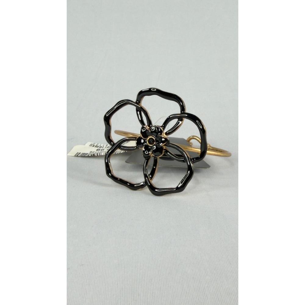Pilgrim Danish Design Black Enamel Flower Gold Tone Bangle Bracelet NWT